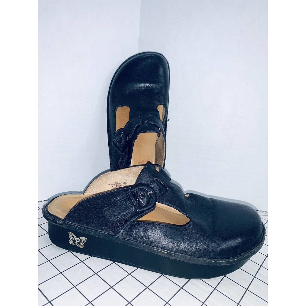 Black Leather Mule Clogs with Adjustable Strap